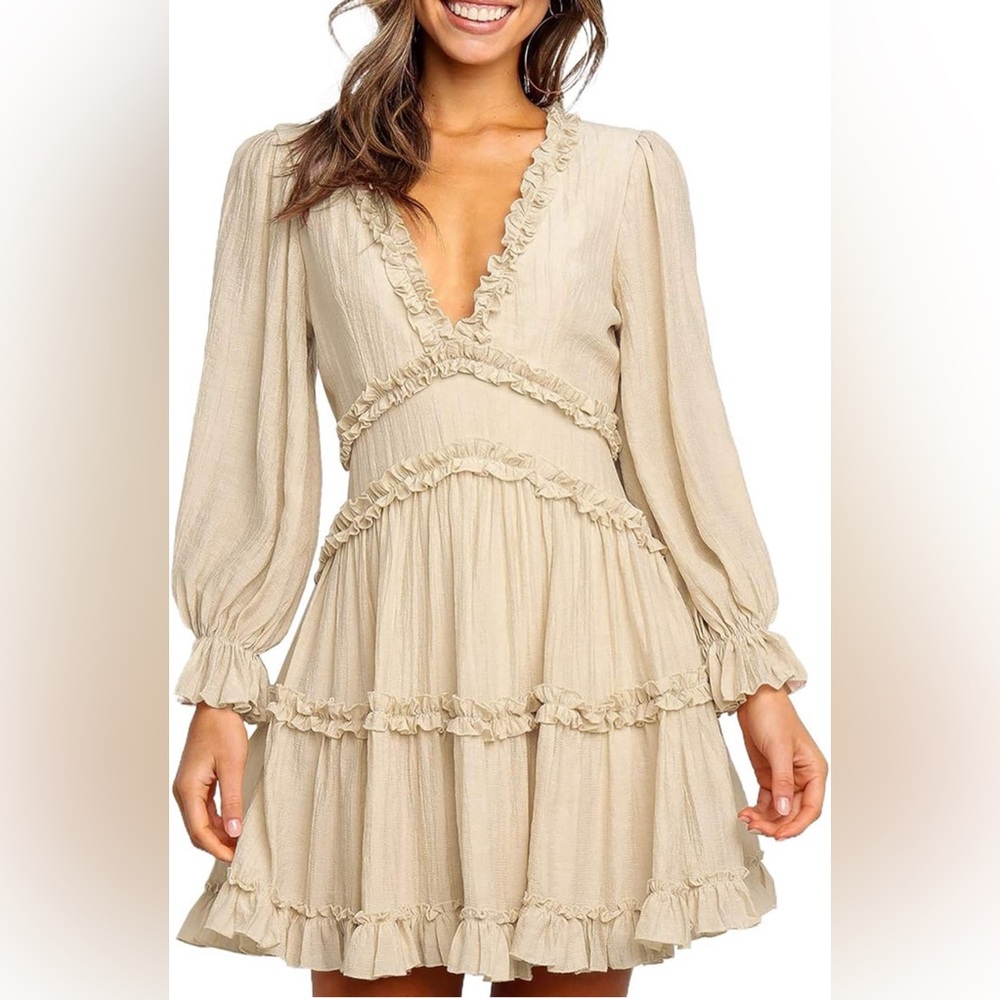 Beige Ruffle Long Sleeve Mini Dress